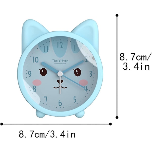 Søt dyrealarmklokke for barn, hund/katt, stille, tikkende kvarts, skrivebord, nattbord, for barn (blå)