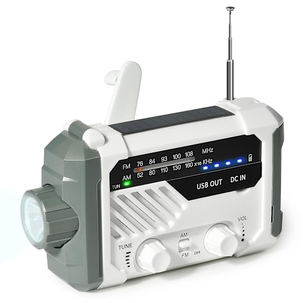 Nødradio AM/FM/NOAA, håndsvinget batteridrevet solradio med LED-lommelygte, SOS-alarm White