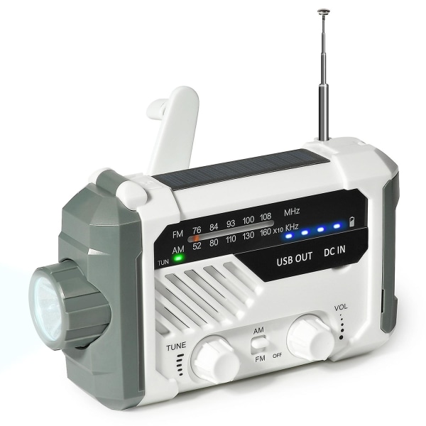 Nödradio AM/FM/NOAA, Handvev Batteridriven Solradio med LED-ficklampa, SOS-larm White