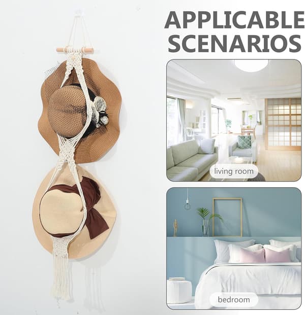 Boho Tofs Vävd Hattställning Bomullsrep och Trä Väggmonterad Hattdisplay Organizer
