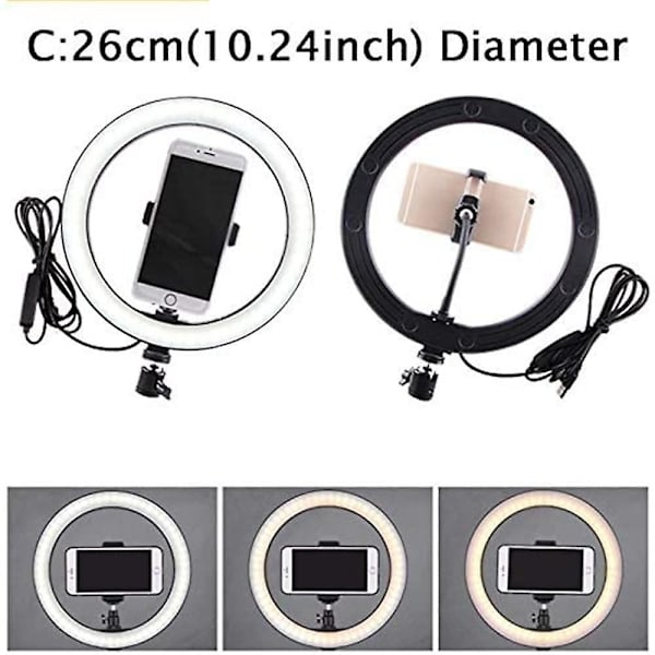 1 stk. 26 cm 10 tommer LED Selfie Ringlys Dæmpbar Kamera
