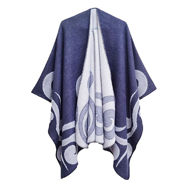 Dame Poncho Sjal Vendbar Oversized Poncho Kappe Trykt Tæppe Sjal Cardigan sapphire