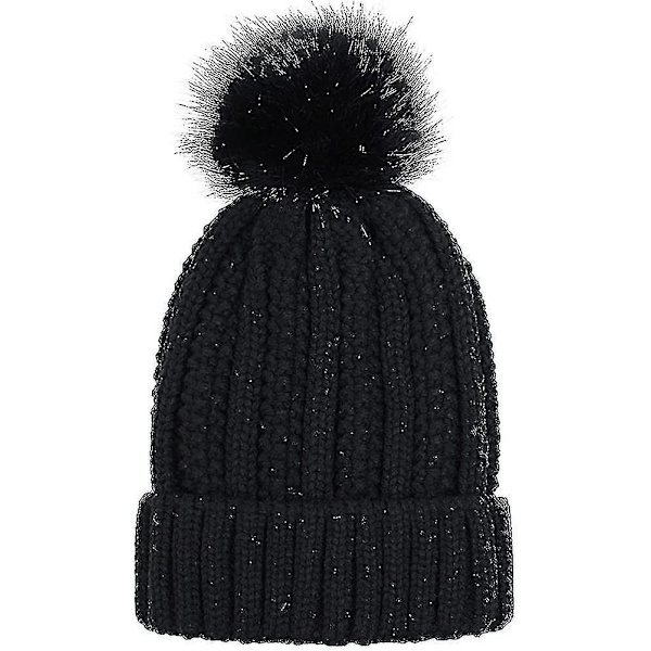 Vinter Beanie Hat til Kvinder - Varmt Strikket med Kunstig Pels Pompom