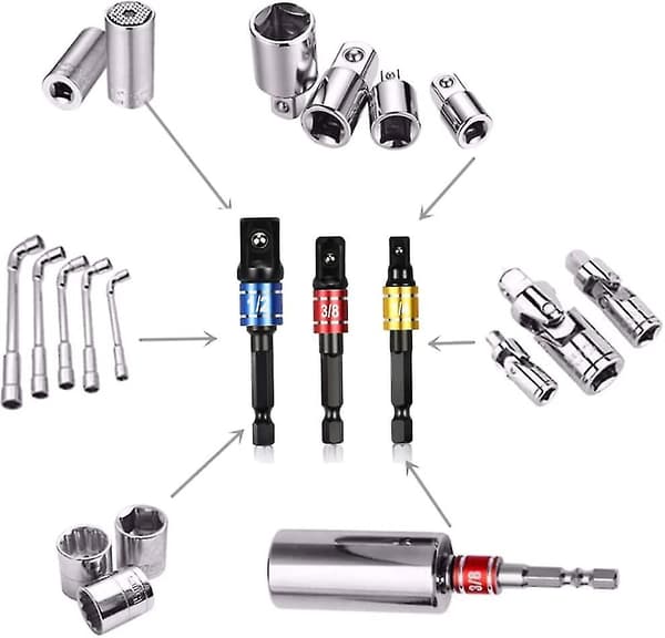 Impact Socket Adapter Extension Set 1/4\" 3/8\" 1/2\" Gjør Power Drill til Høyhastighets Muttertrekker