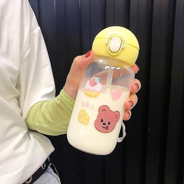 Kawaii Bjørn glass vannflaske tegneserie halmkopp gul