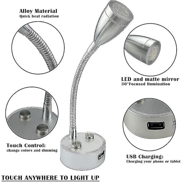 12v-24v LED-lukuvalo, himmennettävä RV-lukulaite USB-laturilla, matkailuautoille, kuorma-autoille, perävaunuille, RV-sängyn vieressä, 2 kpl - musta - yuhao silver