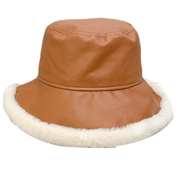 Koreansk version PU-läder plysch fiskarehatt All-match hinkhatt Bred brätte Caramel