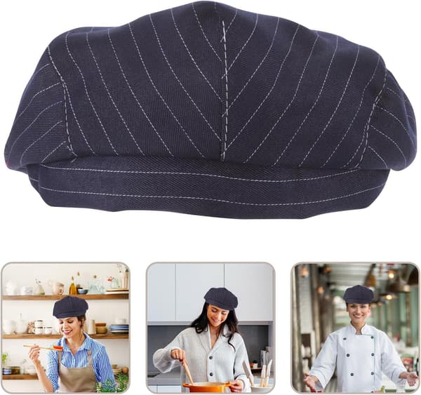 Kockmössa för köksarbete och servering, blårandig kockmössa i bomull, unisex restaurangkockuniformsmössa