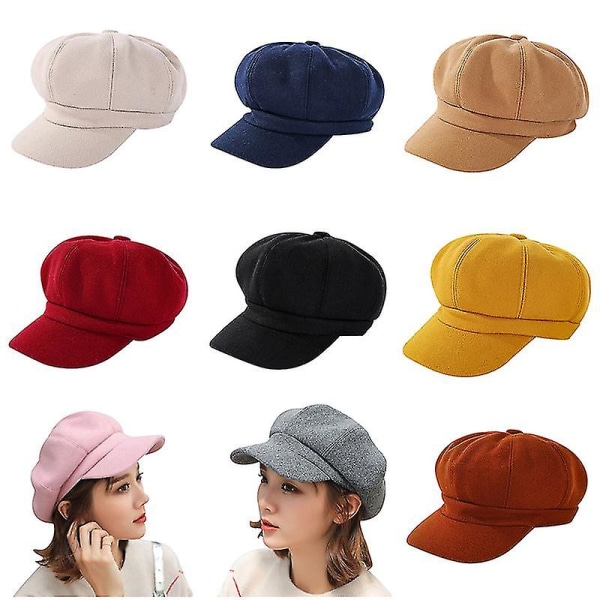 Ensfarget Ull Newsboy Caps Oktagonal 8-Panel Hatt Kvinner Høst Vinter
