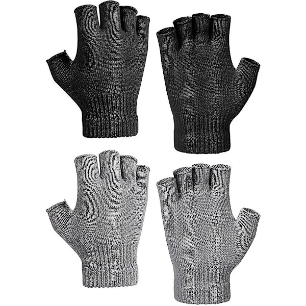 2 Par Halvfingervantar, Fingerlösa Vintervantar, Stickade Vantar För Män