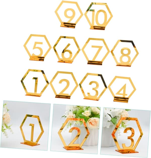 10 stk. bryllupsbordnummerskilt med uknuselig design i gyllen legering