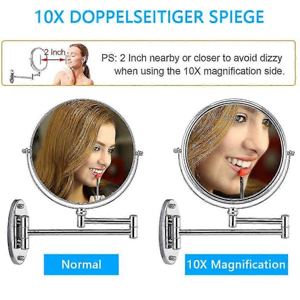 Vægmonteret Makeup Spejl 10X Forstørrende Tosidet LED-belyst Spejl til Badeværelse 360° Drejelig USB Opladbar og 7 Tommer Udtrækkelig Arm