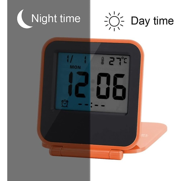Mini folde multi-funktion bærbart LED ur, temperatur kalender dato (ekskl. batteri) Orange