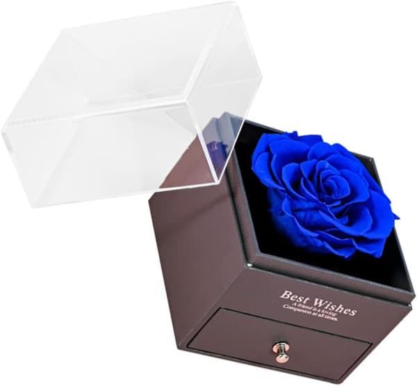 Evig blomstersmyckeskrin med bevarad blå ros och strass