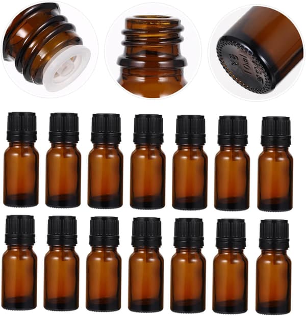 Eteriska oljeflaskor bärnstensfärgat glas 24 st 10 ml påfyllningsbara resebehållare läckagesäkra för aromaterapi och smink