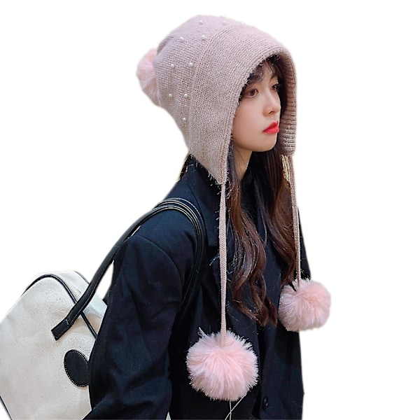 Varm Pompom-hatt med pärlor Stickad Hatt Vinter Öron Skyddande Hatt Virkad Mössa Pink
