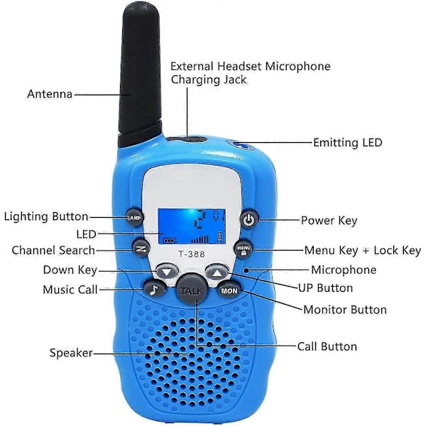 Walkie Talkie Barnradio för Barn, Walki Talki Walkie Talkie med Ficklampa 3KM Räckvidd Woki Toki Leksakspresent, 2 Stycken Blå