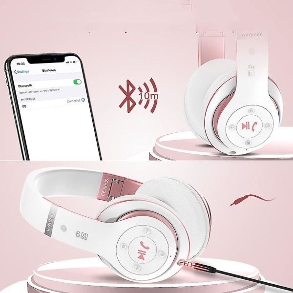 6s trådlösa Bluetooth hörlurar över örat, hi-fi stereo hopfällbara trådlösa stereoheadset hörlurar Pink