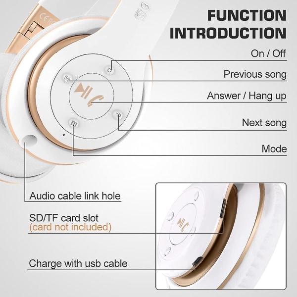 6s Trådlösa Bluetooth-hörlurar Över Örat, Hi-fi Stereo Vikbara Trådlösa Stereo-hörlurar White