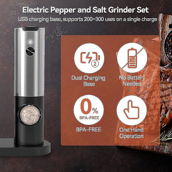 Laderbar Elektrisk Salt- og Pepperkvernsett med Dobbel Laderbase, USB-kabel, Automatisk Salt- og Pepperkvern - yuhao