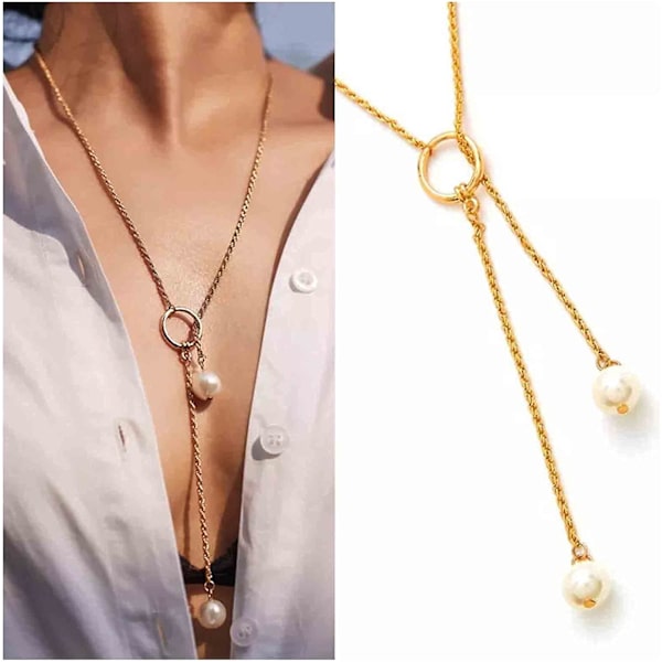 Perle Lariat Halskjede Gull Chunky Kjede Y Halskjede Perle Kvast Halskjede Lang Lmell Gave