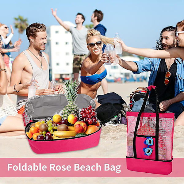 Stor Mesh Strandtaske Bærbar Dobbeltlags Mesh Picnic Køletaske