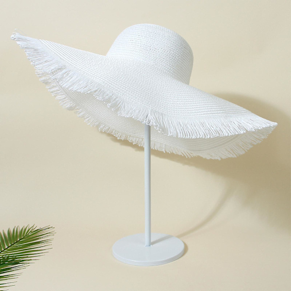 Unisex Sommerstrandhatt i Straw Weaving for Dame - Jazz Pustende Hatt med Bred Bremm White