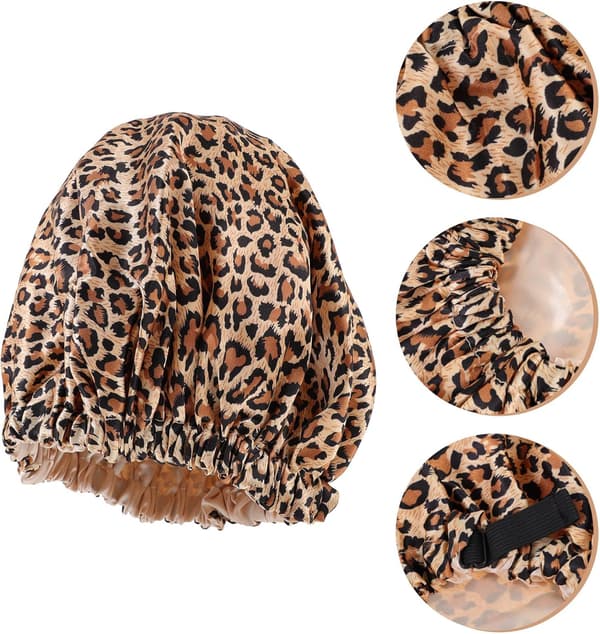 Dubbellager Satin Hårvård Bonnet Nattmössa med Justerbart Platt Spänne Leopardmönster Duschmössa