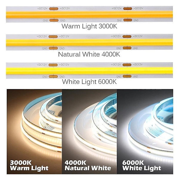 Cob Fleksibel LED-Stripslys 5m 16.4ft Varmt Koldt Hvid