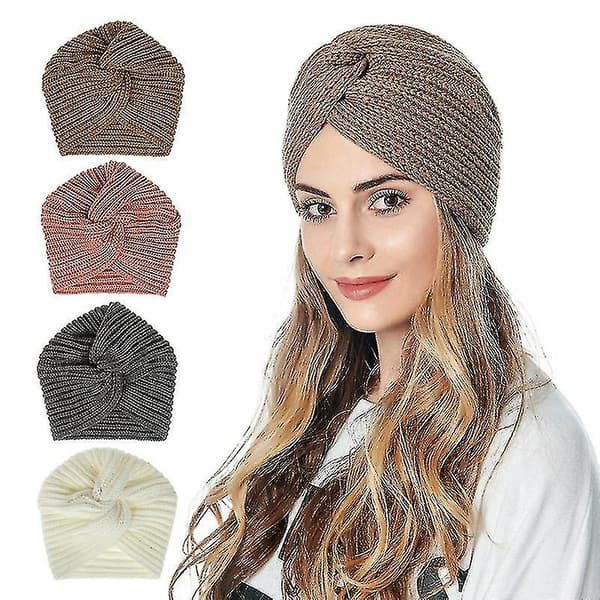 Damernas Stickade Beanie-Hatt med Korsmönster - Vinter, Utomhus, Varma Öron, Vikbar, Sovhatt
