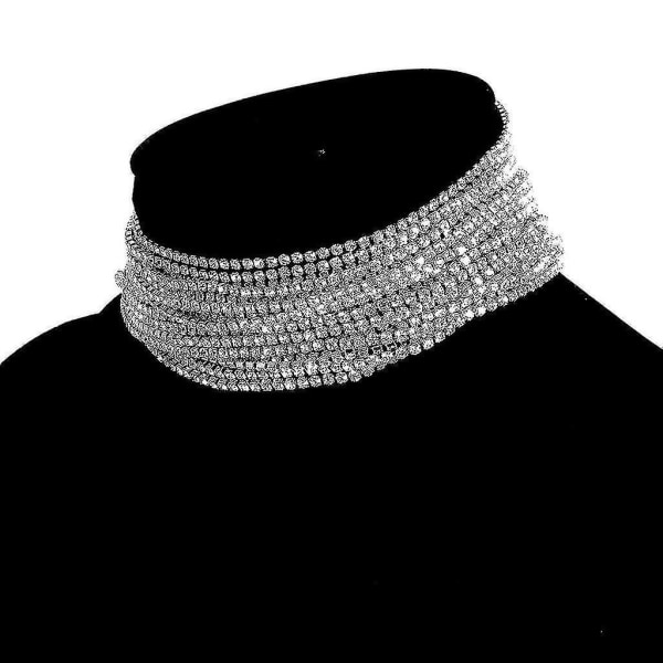 Kvinder Sparking Crystal Rhinestone Luxury Party Multilayer Halskæde Shiny Choker - Sølv