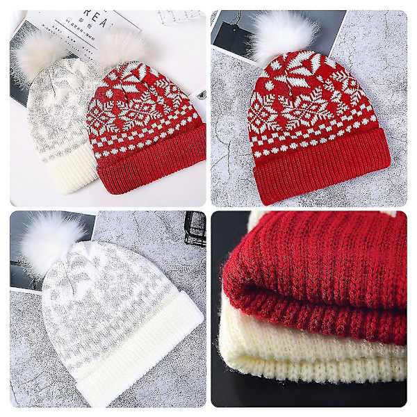 Damer Jule Snefnug Vinter Strikket Beanie Hat Sød Fluffy Pompom Stræk Cuffed Skull Cap Ørevarmer Ferie Festival Party Gaver