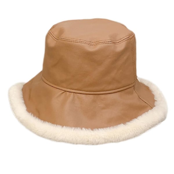 Koreansk version PU-läder plysch fiskarehatt All-match hinkhatt Bred brätte Camel
