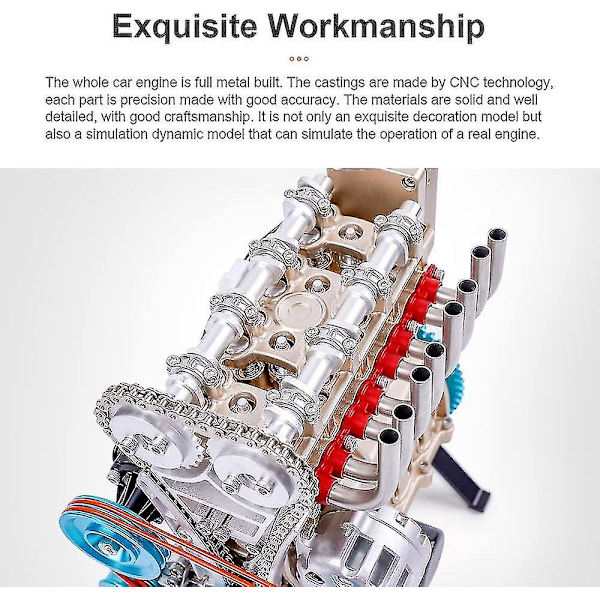 Inline-fyracylindrig Bilmotormodell, V4 Modellmotor Full Metall Monteringskit, Mini Motormodell Leksak för Vuxna och Barn (2021 Version)