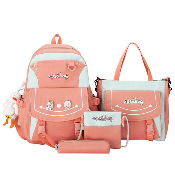 4-pack Cartoon Nylon Skolväska Reseväska Axelväska Pennfodral Pink