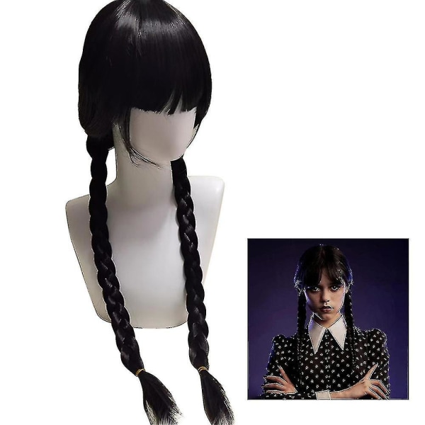 Kvinders Wednesday Addams Kostume Sæt - Gotisk Mesh Kjole og Paryk L Only Wigs