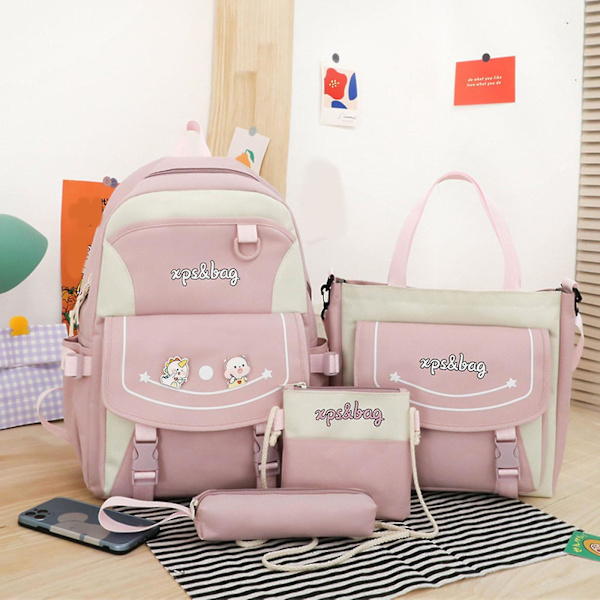 4-pack Cartoon Nylon Skolväska Reseväska Axelväska Pennfodral Light pink