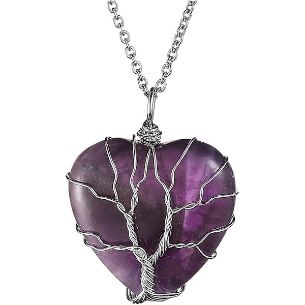 Amethyst Hjerte Livets Træ Krystal Halskæde Kvinder Healing Lilla Hjerte Sten Lmell Gave