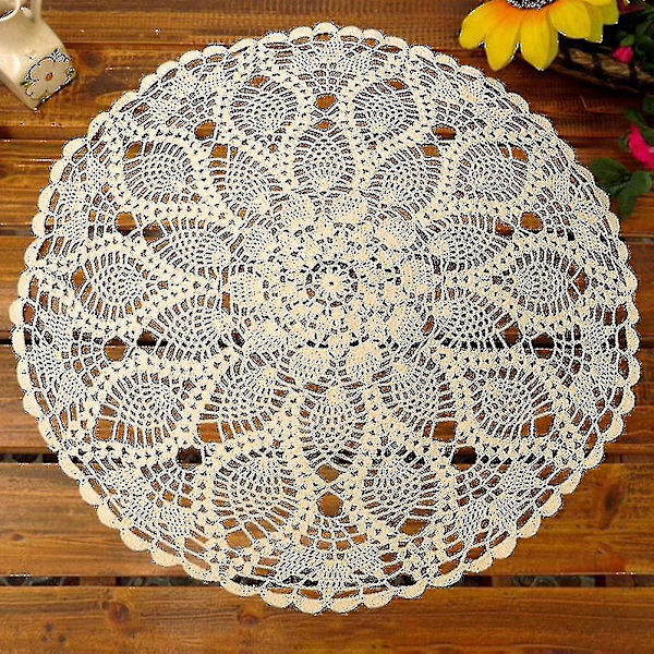 Sinknap 60cm Rund Spetsduk i Bomull, Handvirkad, Hål, Bordduk -xx White