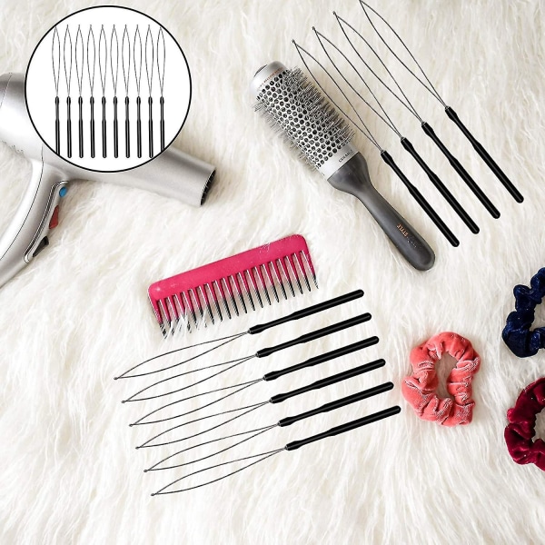 Hair Extension Loop Nåletråder Trækkrog Bead Device Hair Extensions Kit til hårstyling, tilbehør (3 stk, sort)