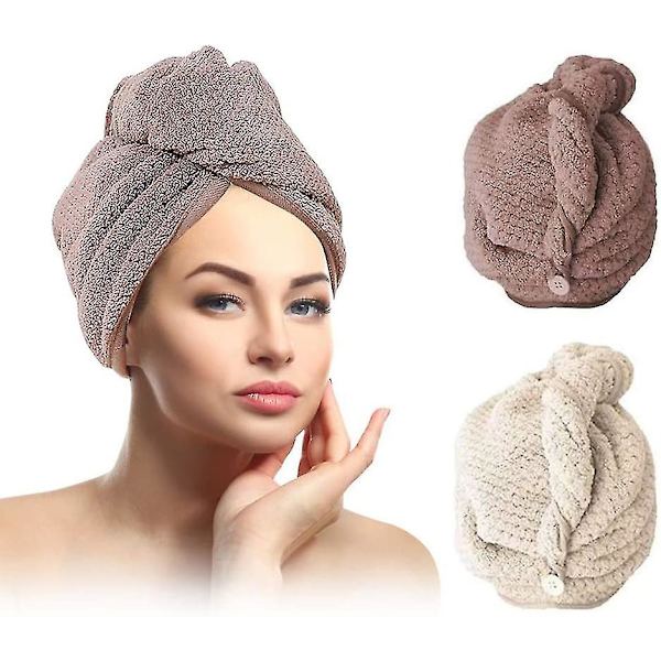Turbanhandduk, Huvudhandduk med Knapp Mikrofiber, beige+brun - 2 stycken