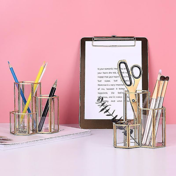 Glas Kobber Hexagon Penholder Makeup Pensel Æske Kontor