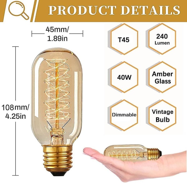 8-pack T45 Vintage Edison Glödlampa 40w Dimbar