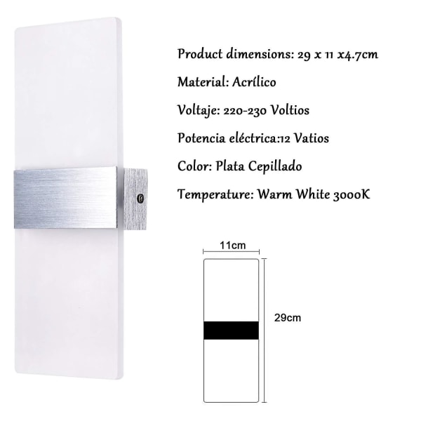 2 * 12W Indendørs Vægskinne LED 3000K Vægslampe Varmt Hvid Glas Enkelt Design Børstet Grå AC 220V Til Soveværelse Stue Badeværelse 29cm [Energiklasse E
