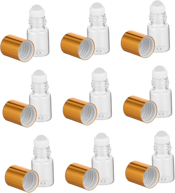 12 st 2 ml glasflaskor med roll-on, påfyllningsbara eteriska oljeflaskor med guldkorkar, miniflaskor i resestorlek