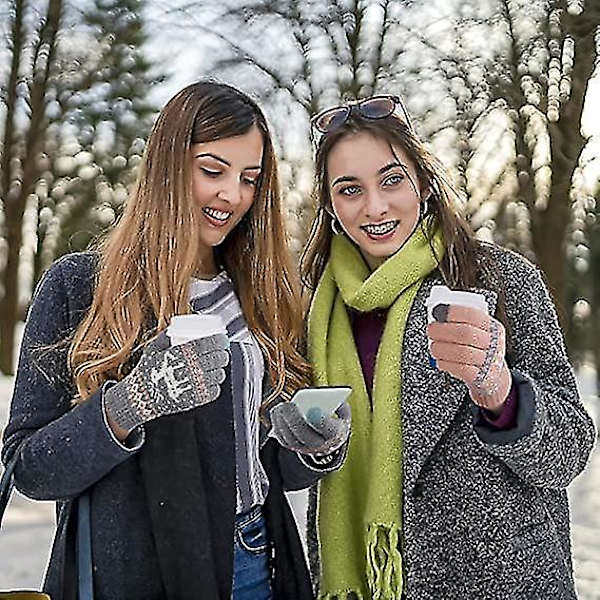Vinterhandskar för kvinnor med pekskärm, stretchiga stickade varma vantar, vintertermik, damhandskar, smartphones, sms-handskar, en storlek (rosa och grå) 2-pack