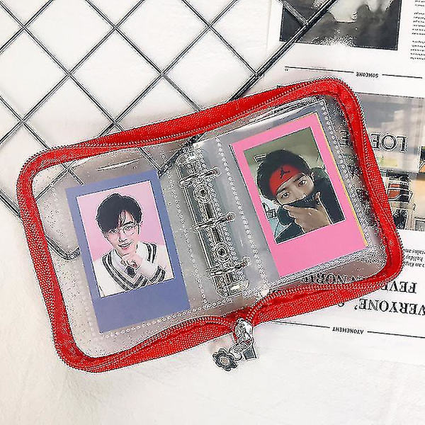 Transparent PVC-pärm med metallklämma, blixtlås, mjukt skal, lösblad, 1 st, röd