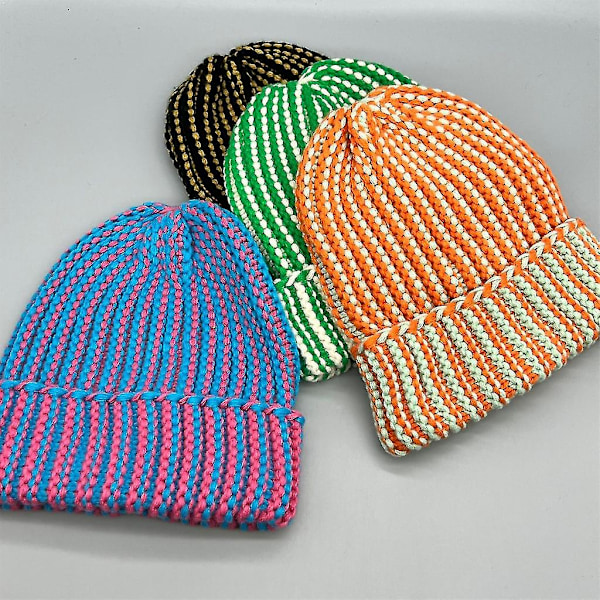 Stripete Beanie-lue, Strikket Bonnet, Skallelue, Vinter Ski-lue, Utendørs Strikket Beanie