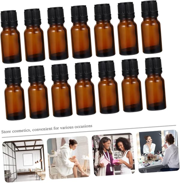 Eteriska oljeflaskor bärnstensfärgat glas 24 st 10 ml påfyllningsbara resebehållare läckagesäkra för aromaterapi och smink