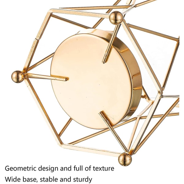 Glassvase med geometrisk metallstativ, gull lysestake for søylelys, 19 cm høy